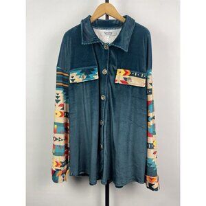 Rowdy Crowd Blue Western Aztec Soft Ribbed Velvet‎ Long Sleeve Button Up Shirt L